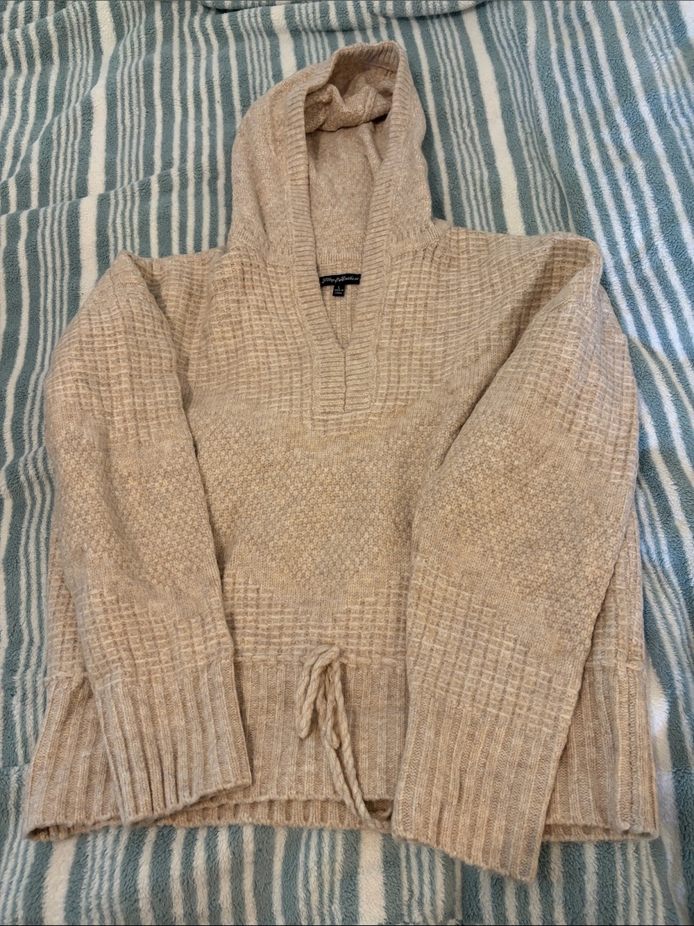 Neutral Beige Hooded Cowl Sweater with Drawcord